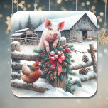 Schattige Pig and Chicken Christmas Boerderij Vierkante Sticker<br><div class="desc">Kerst stickers.  waterverf AI-illustratie van een varken en kip op een boerderij op een besneeuwde dag.</div>