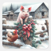 Schattige Pig and Chicken Christmas Boerderij Vierkante Sticker (Voorkant)