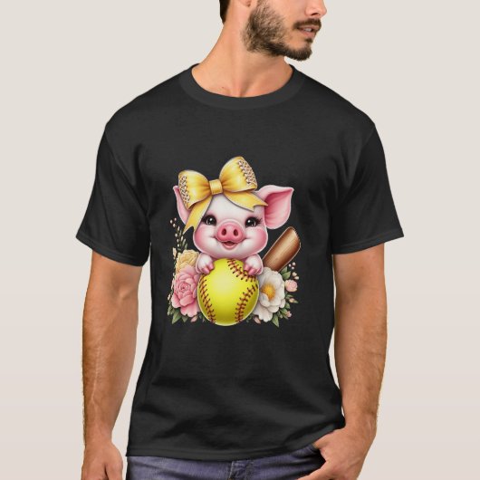Schattige Pig Softball Coquette Bow Piglet Softbal T-shirt (Voorkant)