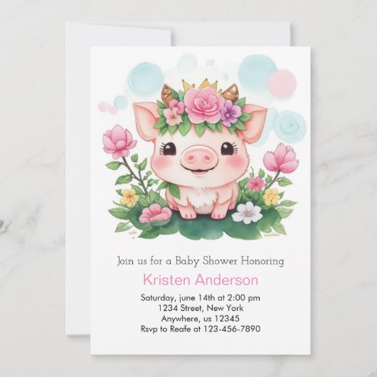 Schattige Piggy en Wildflower Meisje Baby shower Kaart (Voorkant)