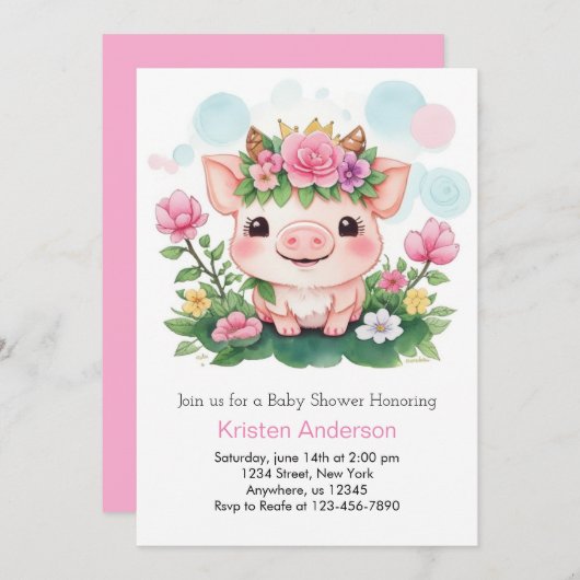 Schattige Piggy en Wildflower Meisje Baby shower Kaart (Voorkant / Achterkant)