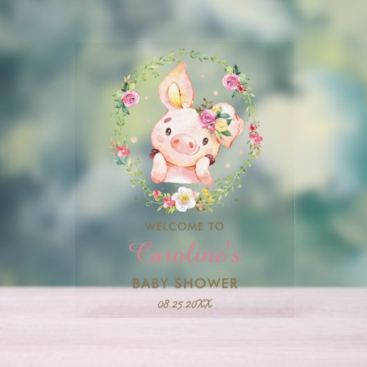 Schattige Piggy Pig Pink Floral Baby shower Welkom Acryl Bord (Neutraal)