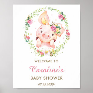 Schattige Piggy Pig Pink Floral Baby shower Welkom Poster