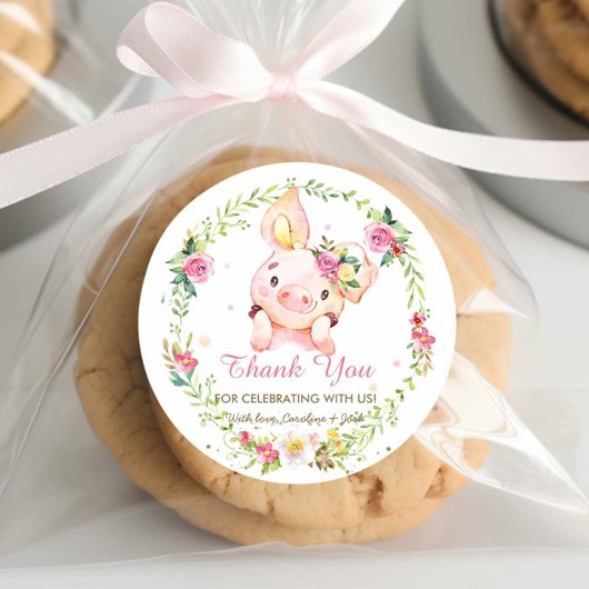 Schattige Piggy Pink Floral Baby shower Verjaardag Ronde Sticker
