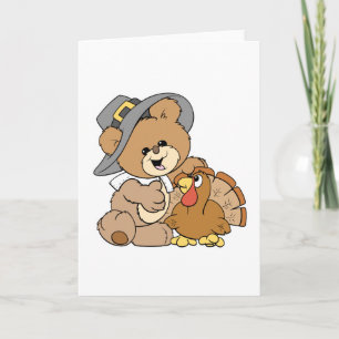schattige pilgrim teddy beer met turkije feestdagen kaart