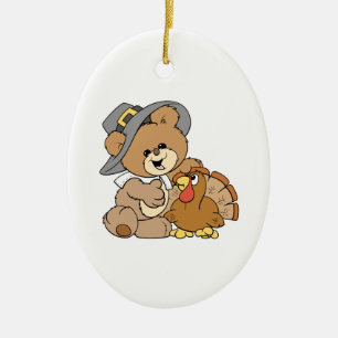 schattige pilgrim teddybeer met turkije keramisch ornament