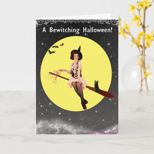 Schattige Pin-Up WItch Kaart (Gele Bloem)