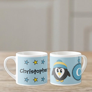 Schattige pinguïn blauw geel met sterren kind espresso kop