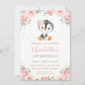 Schattige Pinguïn Blush Bloemen Meisje 1e Verjaard Kaart (Voorkant)