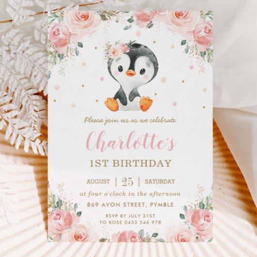 Schattige Pinguïn Blush Bloemen Meisje 1e Verjaard Kaart