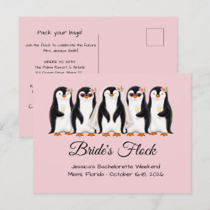 Schattige Pinguïn Bruid's Troep Roze Bachelorette Uitnodiging Briefkaart