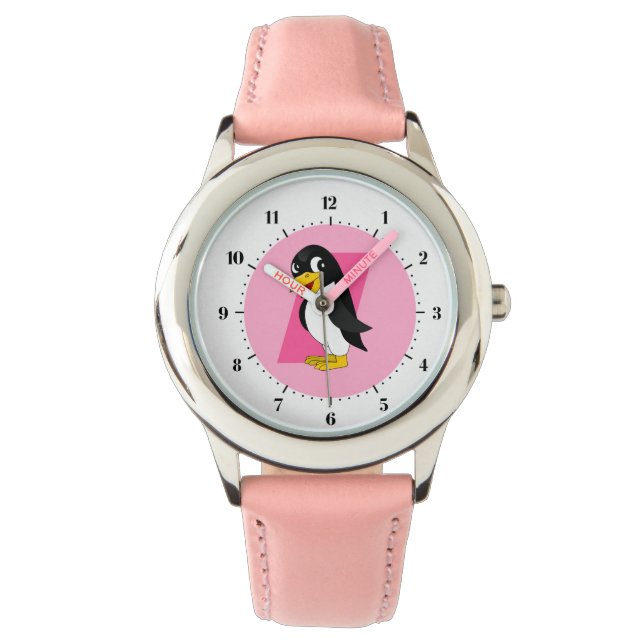 Schattige pinguïn cartoon - roze horloge (Voorkant)