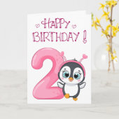 Schattige Pinguïn Gelverjaardag 2 Kaart (Gele Bloem)