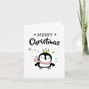Schattige pinguïn gouden kroon vrolijk kerstfeest feestdagen kaart