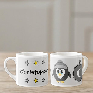 Schattige pinguïn grijs geel met sterren kind espresso kop