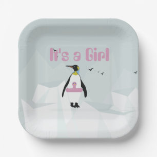 Schattige Pinguïn "Het is een meisje" baby shower Papieren Bordje