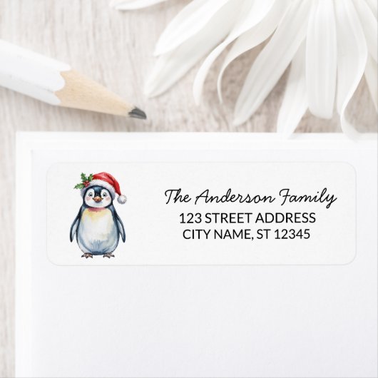 Schattige pinguïn in kerstmuts kerst retouradres etiket (Insitu)