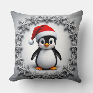 Schattige pinguïn in kerstmuts met feestelijke sne kussen