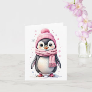 Schattige pinguïn in roze hoed en sjaal Kerstkaart Kaart