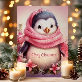 Schattige Pinguïn in Roze Sjaal Kerstmis Feestdagen Kaart