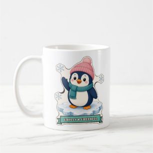 Schattige pinguïn in roze winterhoed en sjaal koffiemok