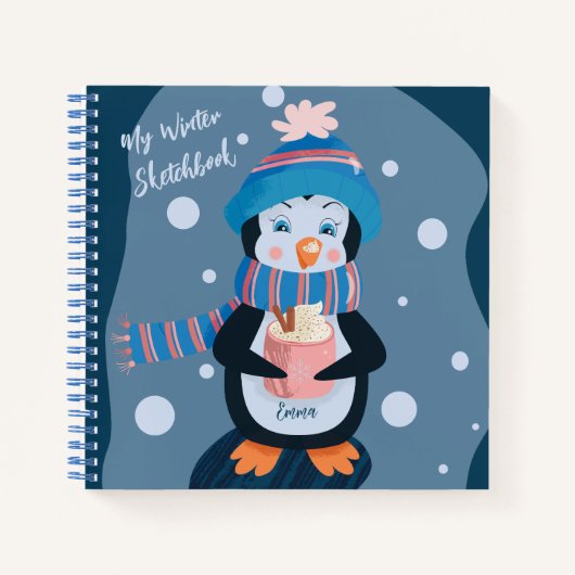 Schattige Pinguïn Kind Blauw Winter Schetsboek Notitieboek (Voorkant)