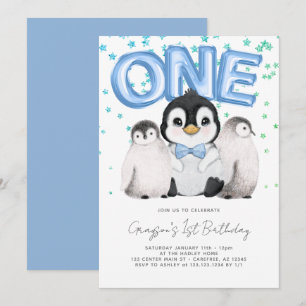 Schattige Pinguin Kinderen Eerste 1e Verjaardag Kaart