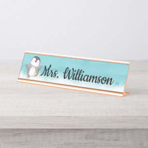 Schattige Pinguïn Klaslokaal Leraar Monogram Bureau Naambordje