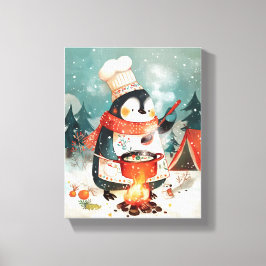 Schattige Pinguïn Kookt Aquarel Winterkinderkamer Canvas Afdruk