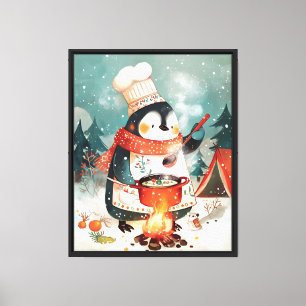 Schattige Pinguin Kookt Waterverf Winterkinderkame Canvas Afdruk