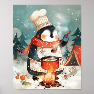 Schattige Pinguin Kookt Waterverf Winterkinderkame Poster
