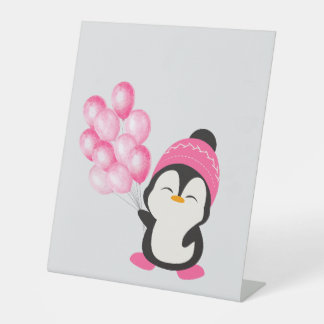 “Schattige pinguïn met ballon – Peuter/kind T-Shir Reclamebord Met Voetstuk