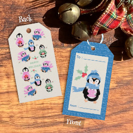 Schattige pinguïn met cadeau vakantie blauwe cadea cadeaulabel