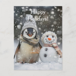 Schattige pinguïn met een sneeuwman winterthema briefkaart