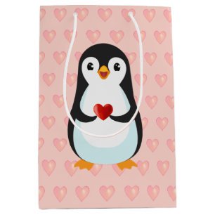 Schattige pinguïn met hart op lichtroze medium cadeauzakje