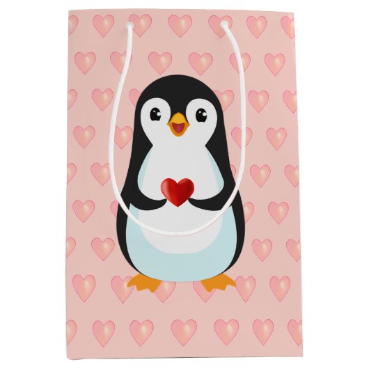 Schattige pinguïn met hart op lichtroze medium cadeauzakje (Voorkant)
