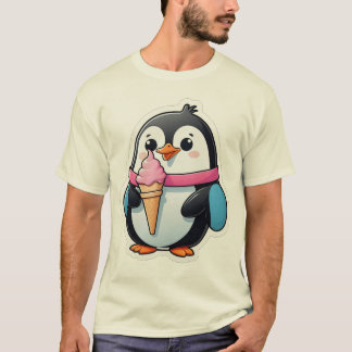 Schattige pinguïn met roze ijsje cartoon t-shirt