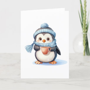 Schattige pinguïn met winterkleren en lege kaart
