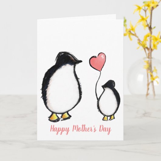 schattige pinguïn-moederdag kaart (Gele Bloem)