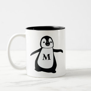 Schattige pinguïn Monogram Gepersonaliseerd Tweekleurige Koffiemok