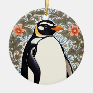 Schattige Pinguïn op Kleurrijke Elegante Bloemige Keramisch Ornament