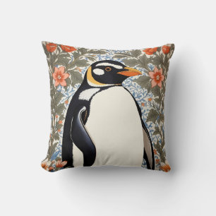 Schattige Pinguïn op Kleurrijke Elegante Bloemige Kussen