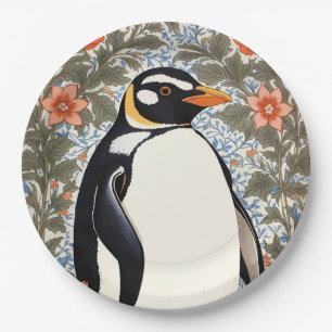 Schattige Pinguïn Op Kleurrijke Elegante Bloemige  Papieren Bordje