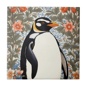 Schattige Pinguïn op Kleurrijke Elegante Bloemige Tegeltje