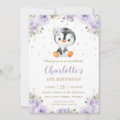 Schattige Pinguïn Paarse Bloemen Meisje 1e Verjaar Kaart (Voorkant)