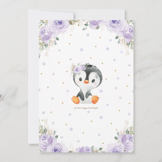Schattige Pinguïn Paarse Bloemen Meisje 1e Verjaar Kaart (Achterkant)