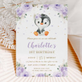 Schattige Pinguïn Paarse Bloemen Meisje 1e Verjaar Kaart