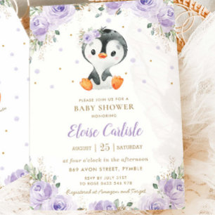 Schattige Pinguïn Paarse Bloemen Meisje Baby showe Kaart