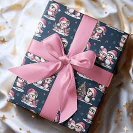 Schattige Pinguïn Patroon Navy Blauw en Roze Kerst Cadeaupapier