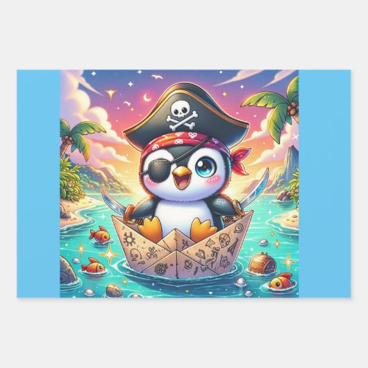 Schattige Pinguïn Piratenavontuur Inpakpapier Vel (Voorkant)